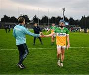 19 April 2025; Dublin manager Niall Ó Ceallacháin shakes hands with Colin Spain of Offaly after the Leinster GAA Hurling Senior Championship Round 1 match between Dublin and Offaly at Parnell Park in Dublin. Photo by Ray McManus/Sportsfile