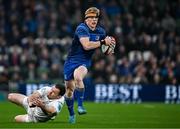 19 April 2025; Tommy O’Brien of Leinster evades the tackle of Jacob Stockdale of Ulster on his way to scoring his side's first try during the United Rugby Championship match between Leinster and Ulster at the Aviva Stadium in Dublin. Photo by Sam Barnes/Sportsfile