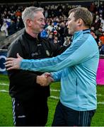 19 April 2025; Offaly manager Johnny Kelly, left, shakes hands with Dublin manager Niall Ó Ceallacháin after the Leinster GAA Hurling Senior Championship Round 1 match between Dublin and Offaly at Parnell Park in Dublin. Photo by Ray McManus/Sportsfile
