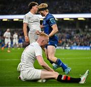 19 April 2025; Tommy O’Brien of Leinster celebrates after scoring his side's first try during the United Rugby Championship match between Leinster and Ulster at the Aviva Stadium in Dublin. Photo by Sam Barnes/Sportsfile