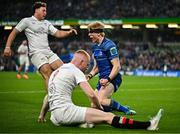 19 April 2025; Tommy O’Brien of Leinster celebrates after scoring his side's first try during the United Rugby Championship match between Leinster and Ulster at the Aviva Stadium in Dublin. Photo by Sam Barnes/Sportsfile