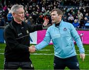19 April 2025; Offaly manager Johnny Kelly, left, shakes hands with Dublin manager Niall Ó Ceallacháin after the Leinster GAA Hurling Senior Championship Round 1 match between Dublin and Offaly at Parnell Park in Dublin. Photo by Ray McManus/Sportsfile