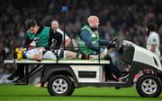 19 April 2025; Michael Lowry of Ulster leaves the pitch on a medical cart after sustaining an injury during the United Rugby Championship match between Leinster and Ulster at the Aviva Stadium in Dublin. Photo by Sam Barnes/Sportsfile