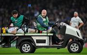 19 April 2025; Michael Lowry of Ulster leaves the pitch on a medical cart after sustaining an injury during the United Rugby Championship match between Leinster and Ulster at the Aviva Stadium in Dublin. Photo by Sam Barnes/Sportsfile