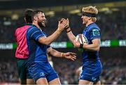19 April 2025; Tommy O’Brien of Leinster, right, celebrates with teammate Robbie Henshaw after scoring their side's first try during the United Rugby Championship match between Leinster and Ulster at the Aviva Stadium in Dublin. Photo by Sam Barnes/Sportsfile