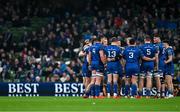 19 April 2025; Leinster players huddle during the United Rugby Championship match between Leinster and Ulster at the Aviva Stadium in Dublin. Photo by Brendan Moran/Sportsfile
