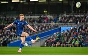 19 April 2025; Ciarán Frawley of Leinster kicks a conversion during the United Rugby Championship match between Leinster and Ulster at the Aviva Stadium in Dublin. Photo by Sam Barnes/Sportsfile