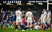 19 April 2025; Players from both teams react as referee Gianluca Gnecchi awards Leinster's second try, scored by Thomas Clarkson, during the United Rugby Championship match between Leinster and Ulster at the Aviva Stadium in Dublin. Photo by Sam Barnes/Sportsfile