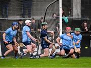 19 April 2025; Paddy Doyle of Dublin, 5, saves a late free during the Leinster GAA Hurling Senior Championship Round 1 match between Dublin and Offaly at Parnell Park in Dublin. Photo by Ray McManus/Sportsfile