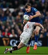 19 April 2025; Garry Ringrose of Leinster is tackled by Michael Lowry of Ulster during the United Rugby Championship match between Leinster and Ulster at the Aviva Stadium in Dublin. Photo by Sam Barnes/Sportsfile