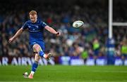 19 April 2025; Ciarán Frawley of Leinster kicks a conversion during the United Rugby Championship match between Leinster and Ulster at the Aviva Stadium in Dublin. Photo by Sam Barnes/Sportsfile