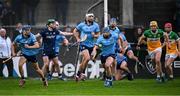 19 April 2025; Conor Burke of Dublin races out of the defence after a late Offaly free was saved during the Leinster GAA Hurling Senior Championship Round 1 match between Dublin and Offaly at Parnell Park in Dublin. Photo by Ray McManus/Sportsfile
