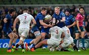 19 April 2025; Jamie Osborne of Leinster is tackled by Ulster players Tom O’Toole, left, and David McCann as he attempts to offload to team-mate Diarmuid Mangan during the United Rugby Championship match between Leinster and Ulster at the Aviva Stadium in Dublin. Photo by Sam Barnes/Sportsfile
