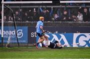 19 April 2025; Andrew Jamieson-Murphy of Dublin score a late goal during the Leinster GAA Hurling Senior Championship Round 1 match between Dublin and Offaly at Parnell Park in Dublin. Photo by Ray McManus/Sportsfile