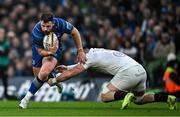 19 April 2025; Robbie Henshaw of Leinster in action against Nick Timoney of Ulster during the United Rugby Championship match between Leinster and Ulster at the Aviva Stadium in Dublin. Photo by Sam Barnes/Sportsfile