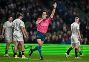 19 April 2025; Referee Gianluca Gnecchi, centre, awards a penalty try to Leinster after a TMO review during the United Rugby Championship match between Leinster and Ulster at the Aviva Stadium in Dublin. Photo by Brendan Moran/Sportsfile