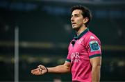 19 April 2025; Referee Gianluca Gnecchi before awarding a penalty try to Leinster after a TMO review during the United Rugby Championship match between Leinster and Ulster at the Aviva Stadium in Dublin. Photo by Sam Barnes/Sportsfile