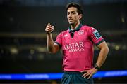 19 April 2025; Referee Gianluca Gnecchi before awarding a penalty try to Leinster after a TMO review during the United Rugby Championship match between Leinster and Ulster at the Aviva Stadium in Dublin. Photo by Sam Barnes/Sportsfile