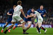 19 April 2025; Diarmuid Mangan of Leinster in action against Ulster players Cormac Izuchukwu, left, and Nathan Doak during the United Rugby Championship match between Leinster and Ulster at the Aviva Stadium in Dublin. Photo by Sam Barnes/Sportsfile