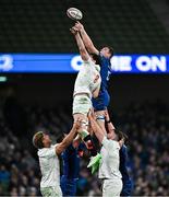 19 April 2025; David McCann of Ulster and Diarmuid Mangan of Leinster contest a lineout during the United Rugby Championship match between Leinster and Ulster at the Aviva Stadium in Dublin. Photo by Sam Barnes/Sportsfile