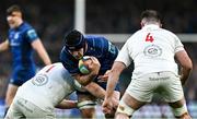 19 April 2025; James Culhane of Leinster is tackled by Ulster players Andrew Warwick, left, and Alan O’Connor during the United Rugby Championship match between Leinster and Ulster at the Aviva Stadium in Dublin. Photo by Brendan Moran/Sportsfile