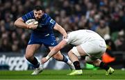 19 April 2025; Robbie Henshaw of Leinster in action against Nick Timoney of Ulster during the United Rugby Championship match between Leinster and Ulster at the Aviva Stadium in Dublin. Photo by Sam Barnes/Sportsfile