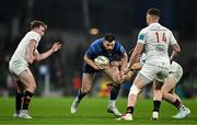 19 April 2025; Robbie Henshaw of Leinster in action against Ulster players, from left, Jack Murphy, Zac Ward and Jude Postlethwaite during the United Rugby Championship match between Leinster and Ulster at the Aviva Stadium in Dublin. Photo by Sam Barnes/Sportsfile