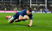 19 April 2025; Garry Ringrose of Leinster scores his side's fourth try during the United Rugby Championship match between Leinster and Ulster at the Aviva Stadium in Dublin. Photo by Brendan Moran/Sportsfile