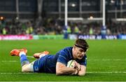 19 April 2025; Garry Ringrose of Leinster scores his side's fourth try during the United Rugby Championship match between Leinster and Ulster at the Aviva Stadium in Dublin. Photo by Brendan Moran/Sportsfile