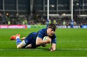 19 April 2025; Garry Ringrose of Leinster scores his side's fourth try during the United Rugby Championship match between Leinster and Ulster at the Aviva Stadium in Dublin. Photo by Brendan Moran/Sportsfile