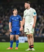 19 April 2025; Leinster captain Luke McGrath, left, and Ulster captain Alan O'Connor await the TMO decision on Leinster's fourth try, scored by Garry Ringrose, not pictured, during the United Rugby Championship match between Leinster and Ulster at the Aviva Stadium in Dublin. Photo by Brendan Moran/Sportsfile