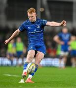 19 April 2025; Ciarán Frawley of Leinster attempts to kick a conversion during the United Rugby Championship match between Leinster and Ulster at the Aviva Stadium in Dublin. Photo by Brendan Moran/Sportsfile