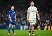 19 April 2025; Leinster captain Luke McGrath, left, and Ulster captain Alan O'Connor await the TMO decision on Leinster's fourth try, scored by Garry Ringrose, not pictured, during the United Rugby Championship match between Leinster and Ulster at the Aviva Stadium in Dublin. Photo by Brendan Moran/Sportsfile