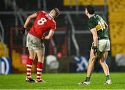 19 April 2025; Dylan Geaney of Kerry and Ian Maguire of Cork look on as Geaney's shot for a point after the hooter went wide in the second half during the Munster GAA Football Senior Championship semi-final match between Cork and Kerry at Supervalu Páirc Uí Chaoimh in Cork. Photo by Piaras Ó Mídheach/Sportsfile