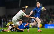 19 April 2025; Jamie Osborne of Leinster evades the tackle of Jacob Stockdale of Ulster during the United Rugby Championship match between Leinster and Ulster at the Aviva Stadium in Dublin. Photo by Brendan Moran/Sportsfile