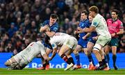 19 April 2025; Gus McCarthy of Leinster is tackled by Ulster players Alan O’Connor, left, and Tom Stewart during the United Rugby Championship match between Leinster and Ulster at the Aviva Stadium in Dublin. Photo by Brendan Moran/Sportsfile