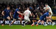 19 April 2025; Jude Postlethwaite of Ulster is tackled by Ciarán Frawley of Leinster during the United Rugby Championship match between Leinster and Ulster at the Aviva Stadium in Dublin. Photo by Brendan Moran/Sportsfile