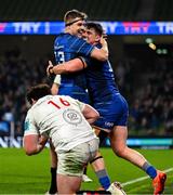 19 April 2025; Dan Sheehan of Leinster, right, celebrates with teammate Garry Ringrose after scoring their side's fifth try during the United Rugby Championship match between Leinster and Ulster at the Aviva Stadium in Dublin. Photo by Brendan Moran/Sportsfile