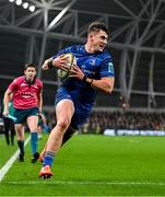 19 April 2025; Dan Sheehan of Leinster scores his side's fifth try during the United Rugby Championship match between Leinster and Ulster at the Aviva Stadium in Dublin. Photo by Brendan Moran/Sportsfile
