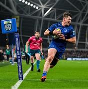 19 April 2025; Dan Sheehan of Leinster scores his side's fifth try during the United Rugby Championship match between Leinster and Ulster at the Aviva Stadium in Dublin. Photo by Brendan Moran/Sportsfile