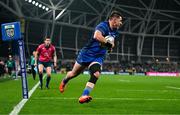 19 April 2025; Dan Sheehan of Leinster scores his side's fifth try during the United Rugby Championship match between Leinster and Ulster at the Aviva Stadium in Dublin. Photo by Brendan Moran/Sportsfile