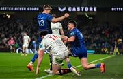 19 April 2025; Dan Sheehan of Leinster, right, celebrates with teammate Garry Ringrose after scoring their side's fifth try during the United Rugby Championship match between Leinster and Ulster at the Aviva Stadium in Dublin. Photo by Brendan Moran/Sportsfile