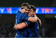 19 April 2025; Dan Sheehan of Leinster, right, celebrates with teammate Garry Ringrose after scoring their side's fifth try during the United Rugby Championship match between Leinster and Ulster at the Aviva Stadium in Dublin. Photo by Brendan Moran/Sportsfile