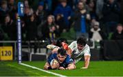 19 April 2025; Dan Sheehan of Leinster scores his side's fifth try during the United Rugby Championship match between Leinster and Ulster at the Aviva Stadium in Dublin. Photo by Sam Barnes/Sportsfile