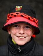 19 April 2025; Down supporter Ruairi Watson, age 9, from Castlewellan, before the Ulster GAA Football Senior Championship quarter-final match between Fermanagh and Down at Brewster Park in Enniskillen, Fermanagh. Photo by Ramsey Cardy/Sportsfile