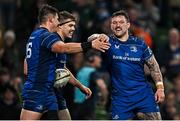 19 April 2025; Dan Sheehan of Leinster, left, celebrates with teammates Garry Ringrose, centre, and Andrew Porter after scoring their side's fifth try during the United Rugby Championship match between Leinster and Ulster at the Aviva Stadium in Dublin. Photo by Sam Barnes/Sportsfile