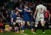19 April 2025; Dan Sheehan of Leinster, left, celebrates with teammate Garry Ringrose after scoring their side's fifth try during the United Rugby Championship match between Leinster and Ulster at the Aviva Stadium in Dublin. Photo by Sam Barnes/Sportsfile