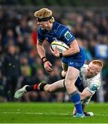 19 April 2025; Tommy O'Brien of Leinster in action against Nathan Doak of Ulster during the United Rugby Championship match between Leinster and Ulster at the Aviva Stadium in Dublin. Photo by Sam Barnes/Sportsfile