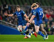 19 April 2025; Tommy O'Brien of Leinster kicks cross-field to team-mate Dan Sheehan, not pictured, in the lead up to their side's fifth try during the United Rugby Championship match between Leinster and Ulster at the Aviva Stadium in Dublin. Photo by Sam Barnes/Sportsfile