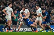 19 April 2025; Luke McGrath of Leinster is tackled by Matthew Dalton of Ulster during the United Rugby Championship match between Leinster and Ulster at the Aviva Stadium in Dublin. Photo by Sam Barnes/Sportsfile